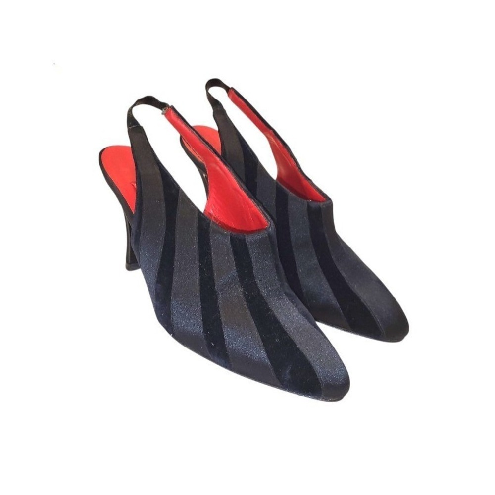 Vintage Valentino Couture Black Satin and Velvet Slingback Heels - 8.5